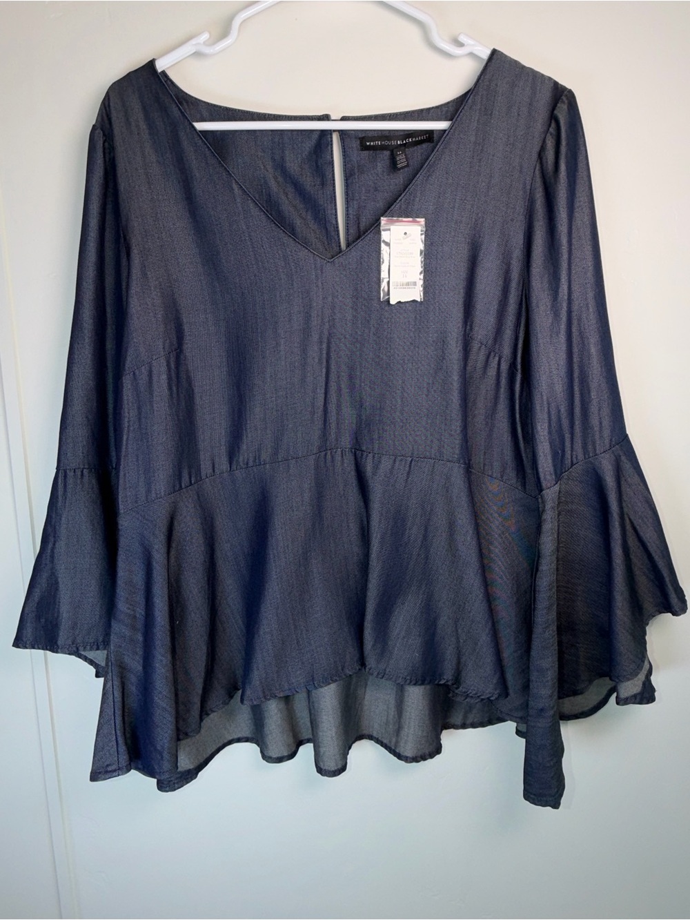 White House Black Market Denim Look Empire Blouse Bell Sleeve Size 14 NWT
